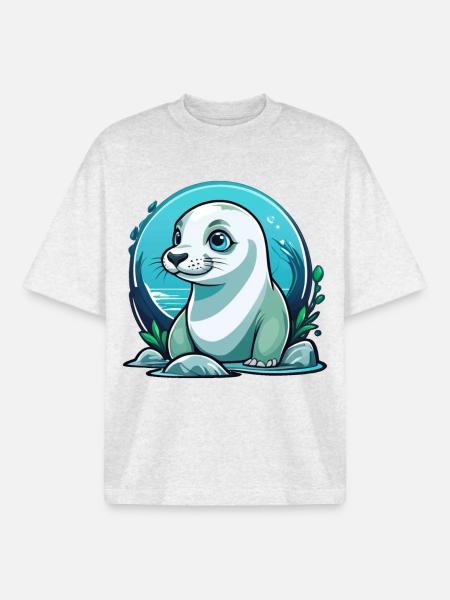 Junge Robbe auf Entdeckertour - Boxy Heavyweight Unisex Organic T-Shirt von Stanley/Stella - Kühles Grau meliert