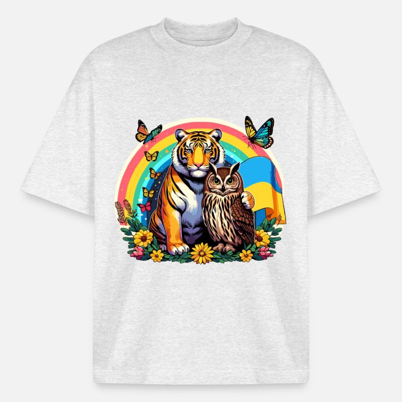 Tiger Eule Regenbogen - Boxy Heavyweight Unisex Organic T-Shirt von Stanley/Stella - Kühles Grau meliert