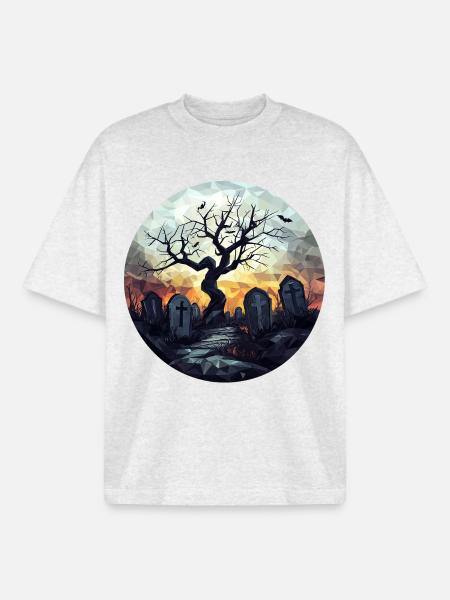 Spooky cemetery with gnarled tree - Boxy Heavyweight Unisex Organic T-Shirt by Stanley/Stella - cool heather grey