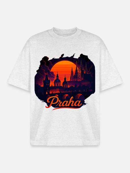 Praha Evening Light Skyline Sunset Gift - Boxy Heavyweight Unisex Organic T-Shirt by Stanley/Stella - cool heather grey