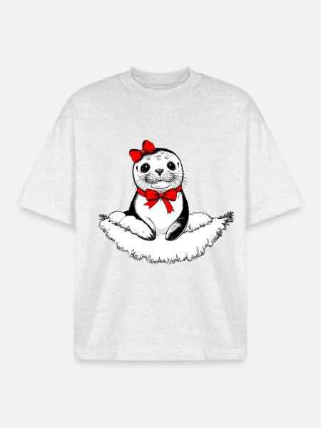 Bow-tiful Seal – Christmas Edition - Boxy Heavyweight Unisex Organic T-Shirt by Stanley/Stella - cool heather grey