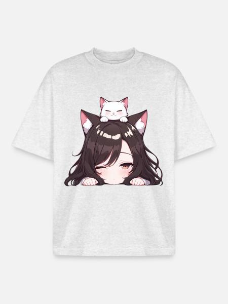 Fille Anime avec Chat Neko Girl - T-shirt unisexe boxy épais biologique Stanley/Stella - gris chiné frais