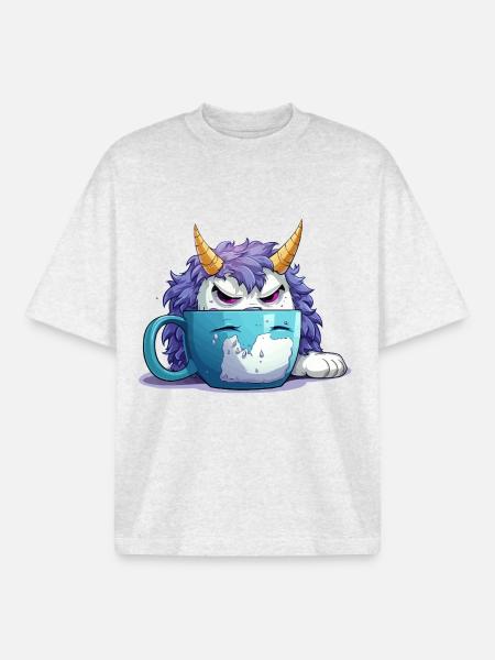 Grumpy monster in a coffee mug - Boxy Heavyweight Unisex Organic T-Shirt by Stanley/Stella - cool heather grey