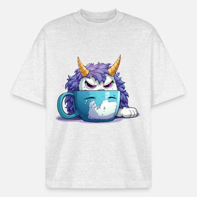 Grumpy monster in a coffee mug - Boxy Heavyweight Unisex Organic T-Shirt by Stanley/Stella - cool heather grey