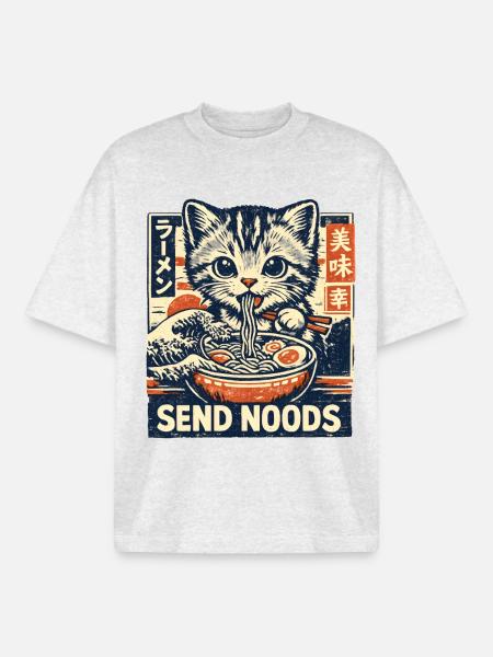 Ramen Cat Send Noods - Boxy Heavyweight Unisex Organic T-Shirt by Stanley/Stella - cool heather grey