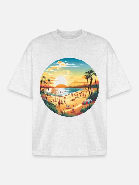 Tropical Circle Beach Sunset - Boxy Heavyweight Unisex Organic T-Shirt by Stanley/Stella - cool heather grey