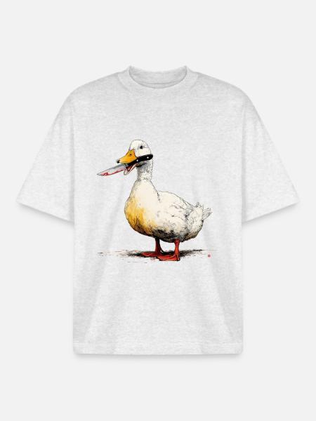 Duck with knife in its beak - Boxy Heavyweight Unisex Organic T-Shirt by Stanley/Stella - cool heather grey