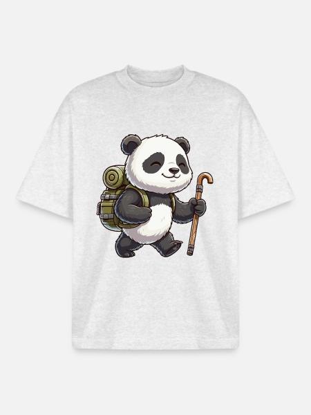 Cute Hiking Panda Bear Trekking Art - Boxy Heavyweight Unisex Organic T-Shirt by Stanley/Stella - cool heather grey