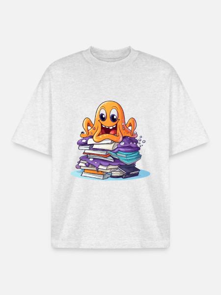 Learning octopus with stack of books - Boxy Heavyweight Unisex Organic T-Shirt by Stanley/Stella - cool heather grey