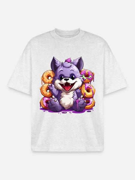 Zuckerpfoten Wolf mit Donuts - Boxy Heavyweight Unisex Organic T-Shirt von Stanley/Stella - Kühles Grau meliert