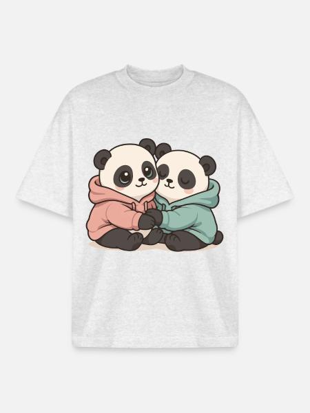 Cuddling Pandas: Kawaii Pastel Graphic - Boxy Heavyweight Unisex Organic T-Shirt by Stanley/Stella - cool heather grey