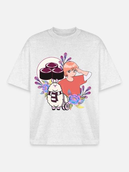Sushi-Zeit & Alpaca im Rollstuhl - Boxy Heavyweight Unisex Organic T-Shirt von Stanley/Stella - Kühles Grau meliert