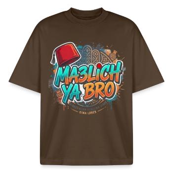 Ma3lich Ya Bro - Tunisian Streetwear Style - T-shirt unisexe boxy épais biologique Stanley/Stella - marron foncé - Devant - AI Model Male 185 light (185cm) & AI Model Female 172 dark (172cm)