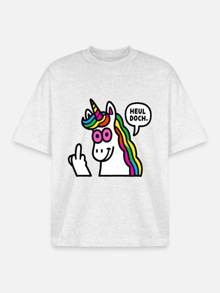 Regenbogen Unicorn Mittelfinger - Boxy Heavyweight Unisex Organic T-Shirt von Stanley/Stella - Kühles Grau meliert