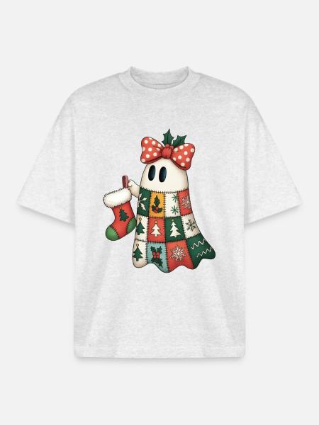 Patchwork Geist mit Weihnachtsquilt - Boxy Heavyweight Unisex Organic T-Shirt von Stanley/Stella - Kühles Grau meliert