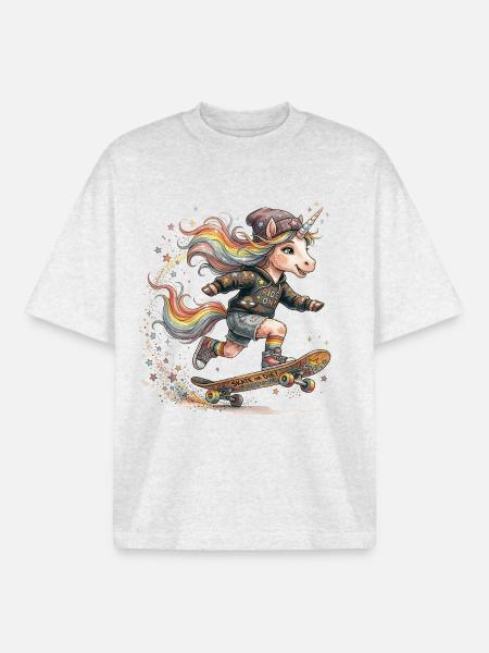 Skater Einhorn mit Regenbogen-Mähne - Boxy Heavyweight Unisex Organic T-Shirt von Stanley/Stella - Kühles Grau meliert