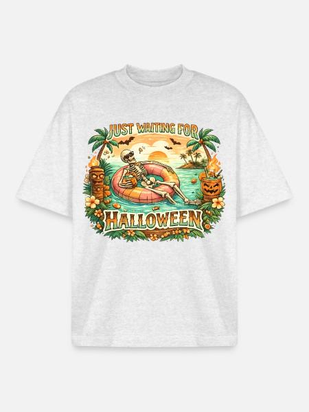 Attendant l’anticipation du squelette d’Halloween - T-shirt unisexe boxy épais biologique Stanley/Stella - gris chiné frais