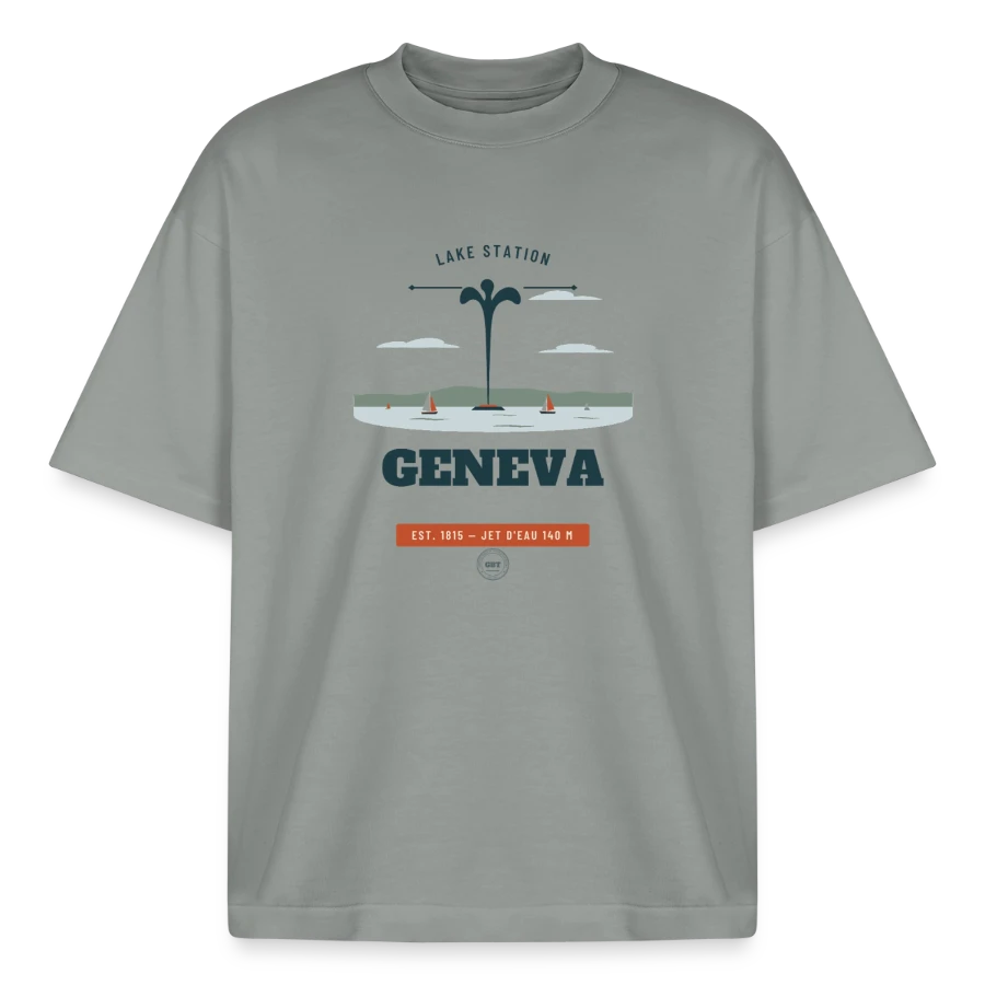 Geneva badge on a boxy heavyweight unisex organic t-shirt by stanley/stella, misty grey