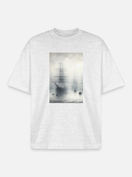 Mystic Ships in Fog: Maritime Dreamscape Art - Boxy Heavyweight Unisex Organic T-Shirt by Stanley/Stella - cool heather grey