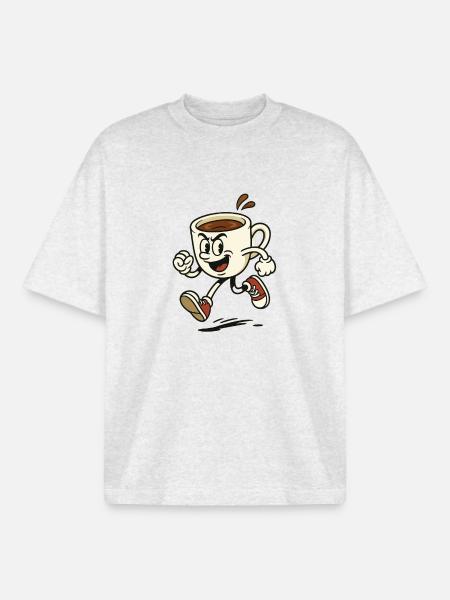 Vibrant Coffee Mug Running Design - Boxy Heavyweight Unisex Organic T-Shirt by Stanley/Stella - cool heather grey