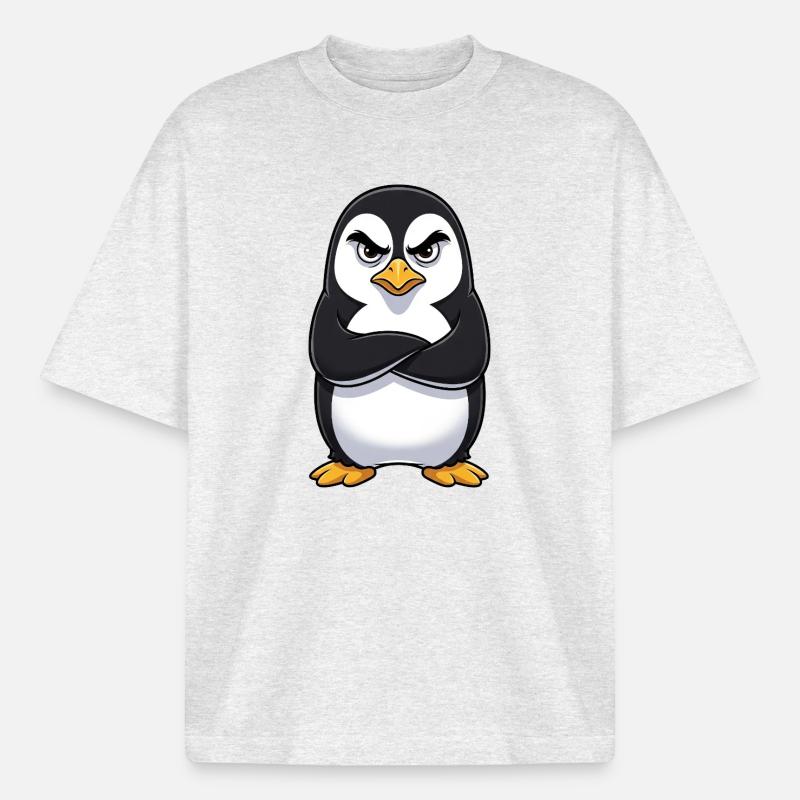 Grumpy Penguin Cartoon Sour Grumpy Annoyed - Boxy Heavyweight Unisex Organic T-Shirt by Stanley/Stella - cool heather grey