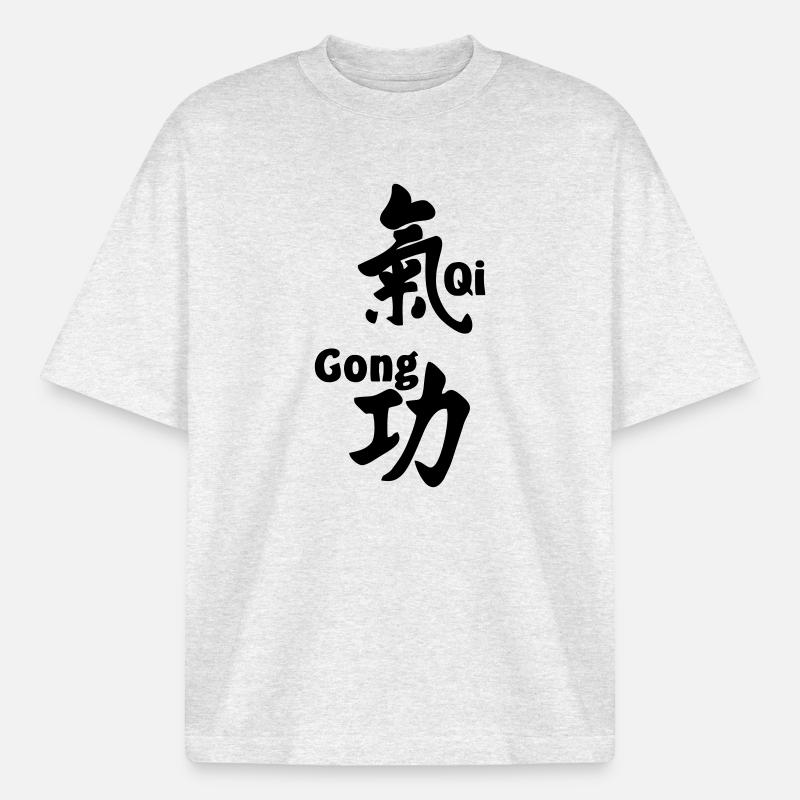 QI gong script avec texte vertical - T-shirt unisexe boxy épais biologique Stanley/Stella - gris chiné frais