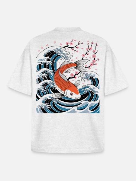 Sakura Wave Koi Japanese Art - Boxy Heavyweight Unisex Organic T-Shirt by Stanley/Stella - cool heather grey