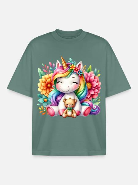 Regenbogen Einhorn Blumentraum - Boxy Heavyweight Unisex Organic T-Shirt von Stanley/Stella - Grüner Bucht
