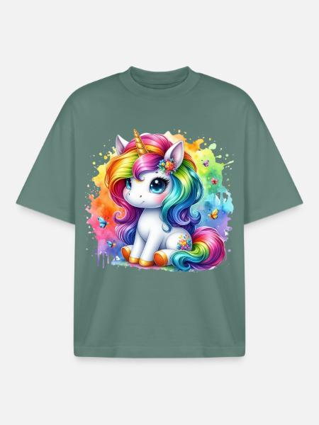 Regenbogen Einhorn Aquarell - Boxy Heavyweight Unisex Organic T-Shirt von Stanley/Stella - Grüner Bucht