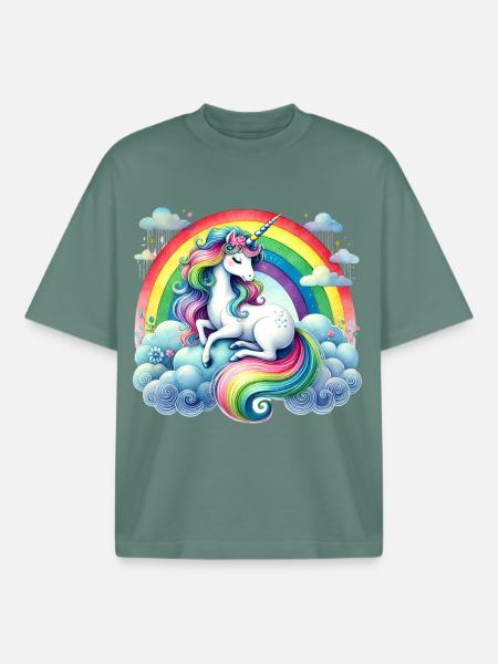 Regenbogen-Einhorn auf Wolken - Boxy Heavyweight Unisex Organic T-Shirt von Stanley/Stella - Grüner Bucht