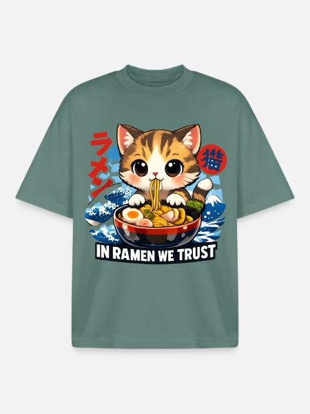Ramen Katze - Boxy Heavyweight Unisex Organic T-Shirt von Stanley/Stella - Grüner Bucht