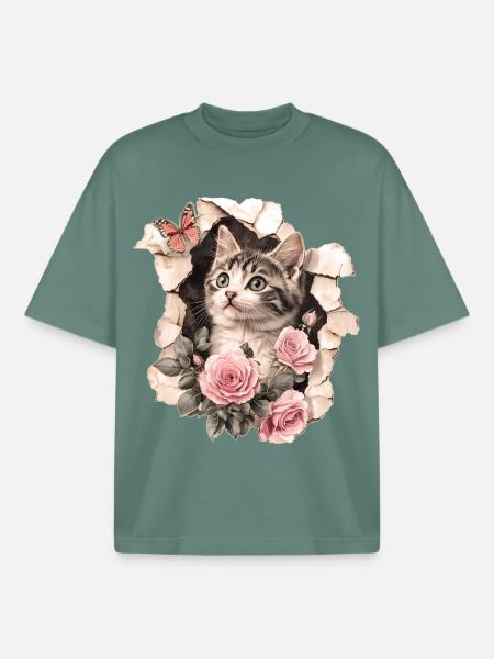 Chat et papillon - T-shirt unisexe boxy épais biologique Stanley/Stella - baie verte