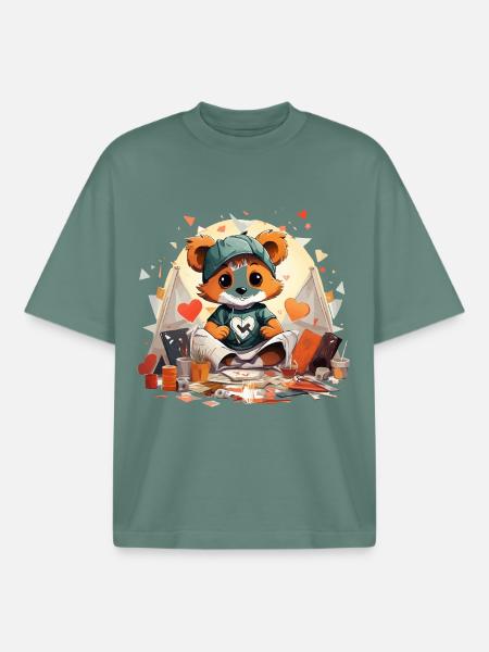 Cuddly panda artist in tent design - Boxy Heavyweight Unisex Organic T-Shirt by Stanley/Stella - green bay