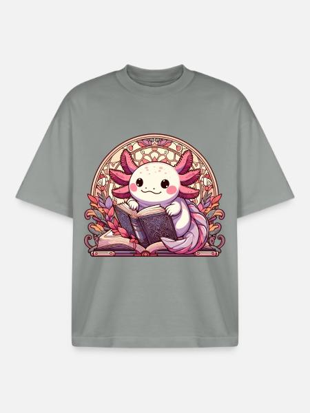 Axolotl Book Books Reading Gift - Boxy Heavyweight Unisex Organic T-Shirt by Stanley/Stella - misty grey