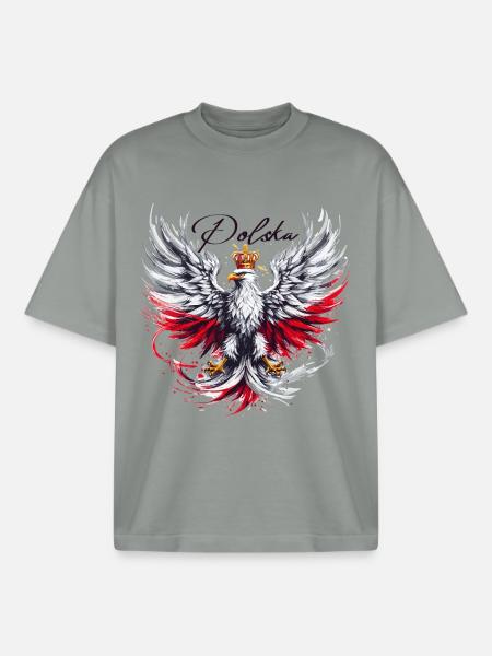 Polska Polska Polski Czerwony Orzeł Złoty Korona - T-shirt unisex boxy ciężki organiczny Stanley/Stella - mglisty szary