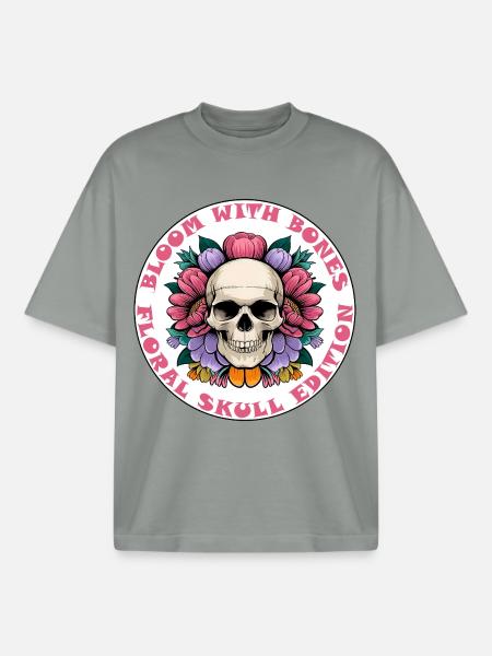 skull sticker bloom with bones flowers - Boxy Heavyweight Unisex Organic T-Shirt by Stanley/Stella - misty grey