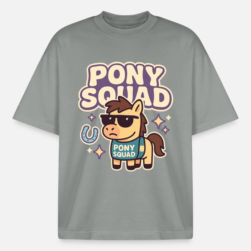 Conception de dessin animé Pony Squad - T-shirt unisexe boxy épais biologique Stanley/Stella - gris brumeux