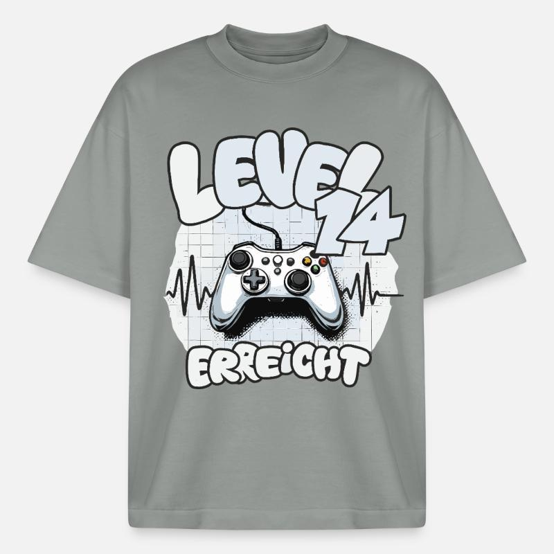 Level 14 Reached Controller Joypad Heartbeat - Boxy Heavyweight Unisex Organic T-Shirt by Stanley/Stella - misty grey