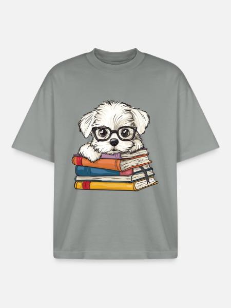 Süßes Malteserhund-Lesebuch mit Brille - Boxy Heavyweight Unisex Organic T-Shirt von Stanley/Stella - Nebelgrau