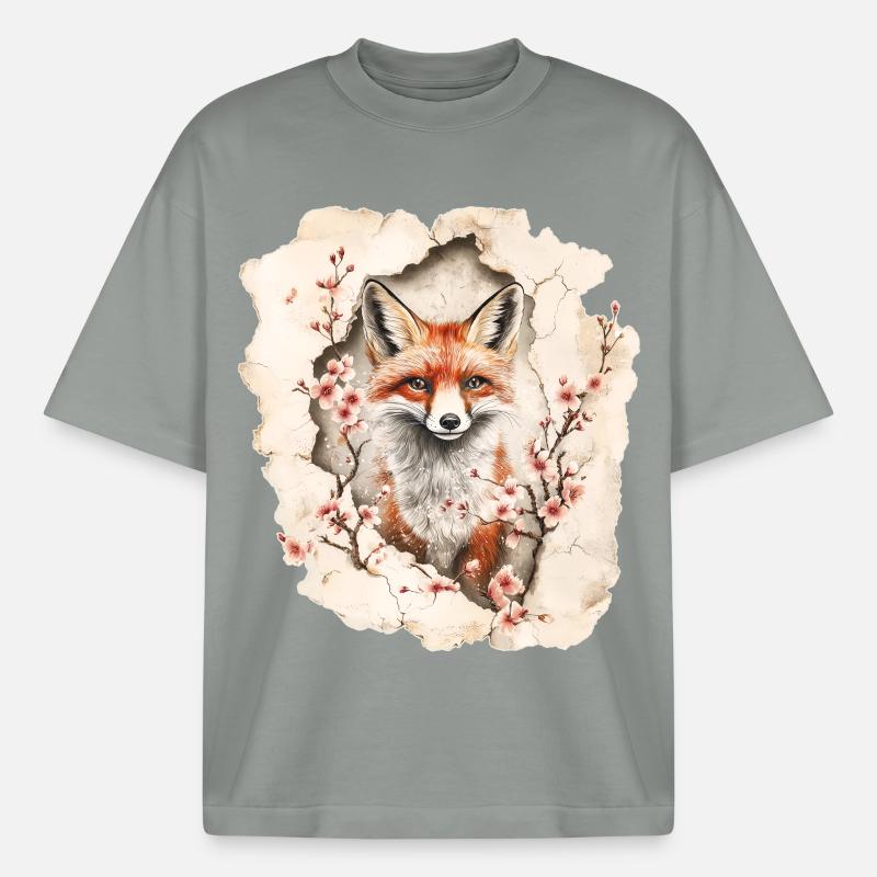 Fox with cherry blossoms - Boxy Heavyweight Unisex Organic T-Shirt by Stanley/Stella - misty grey
