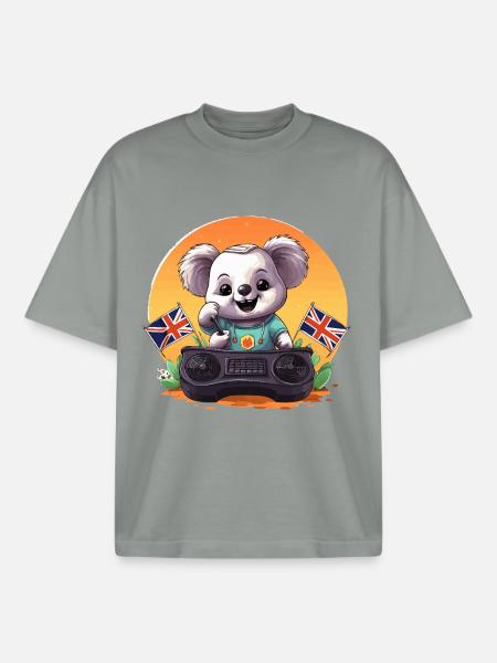 Little Koala DJ with UK Flags - Boxy Heavyweight Unisex Organic T-Shirt by Stanley/Stella - misty grey