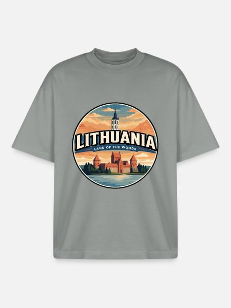 Retro Lithuania Trakai Castle Badge - Boxy Heavyweight Unisex Organic T-Shirt by Stanley/Stella - misty grey