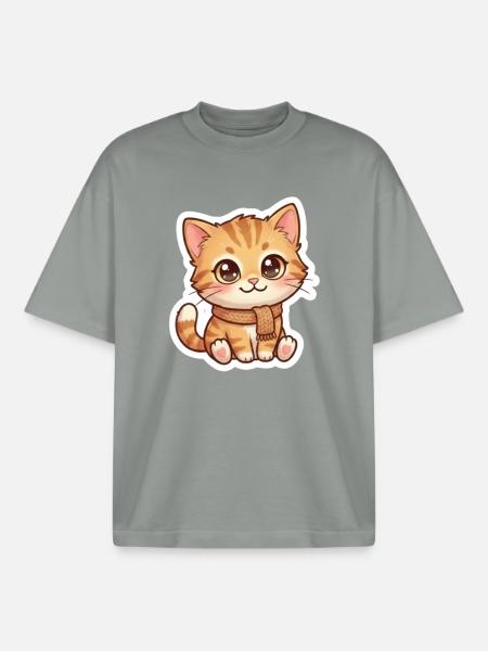 Cozy Orange Kitten in Scarf - Boxy Heavyweight Unisex Organic T-Shirt by Stanley/Stella - misty grey