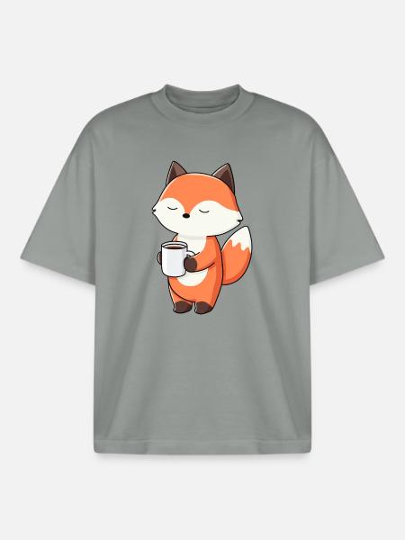 Fox with Coffee Mug Charm - Boxy Heavyweight Unisex Organic T-Shirt by Stanley/Stella - misty grey