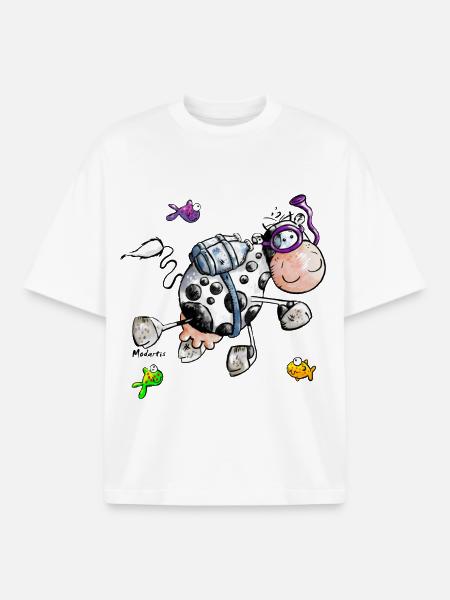 Vache marine dessin animé - T-shirt unisexe boxy épais biologique Stanley/Stella - blanc
