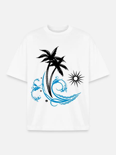 Palmen mit Welle und Sonne, Urlaub, surfen - Boxy Heavyweight Unisex Organic T-Shirt von Stanley/Stella - Weiß