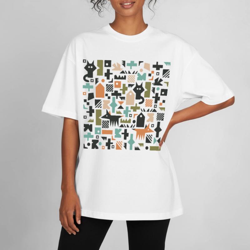 Cat fox bird pattern l multicolour Boxy Heavyweight Unisex Organic T-Shirt by Stanley/Stella