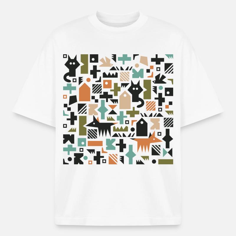 Cat fox bird pattern l multicolour - Heavyweight Boxy Unisex T-Shirt by Stanley/Stella - white