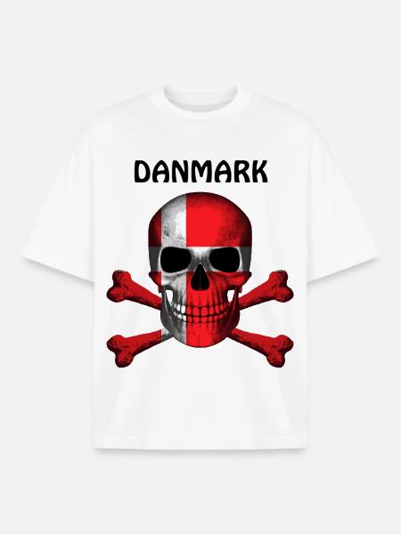 Crâne Jolly Roger Pirate Flag Danmark R6Z - T-shirt unisexe boxy épais biologique Stanley/Stella - blanc