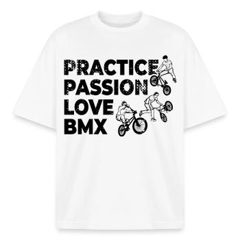 Pratiquer Passion Amour BMX - T-shirt unisexe boxy épais biologique Stanley/Stella - blanc - Devant - AI Model Male 185 light (185cm) & AI Model Female 172 dark (172cm)
